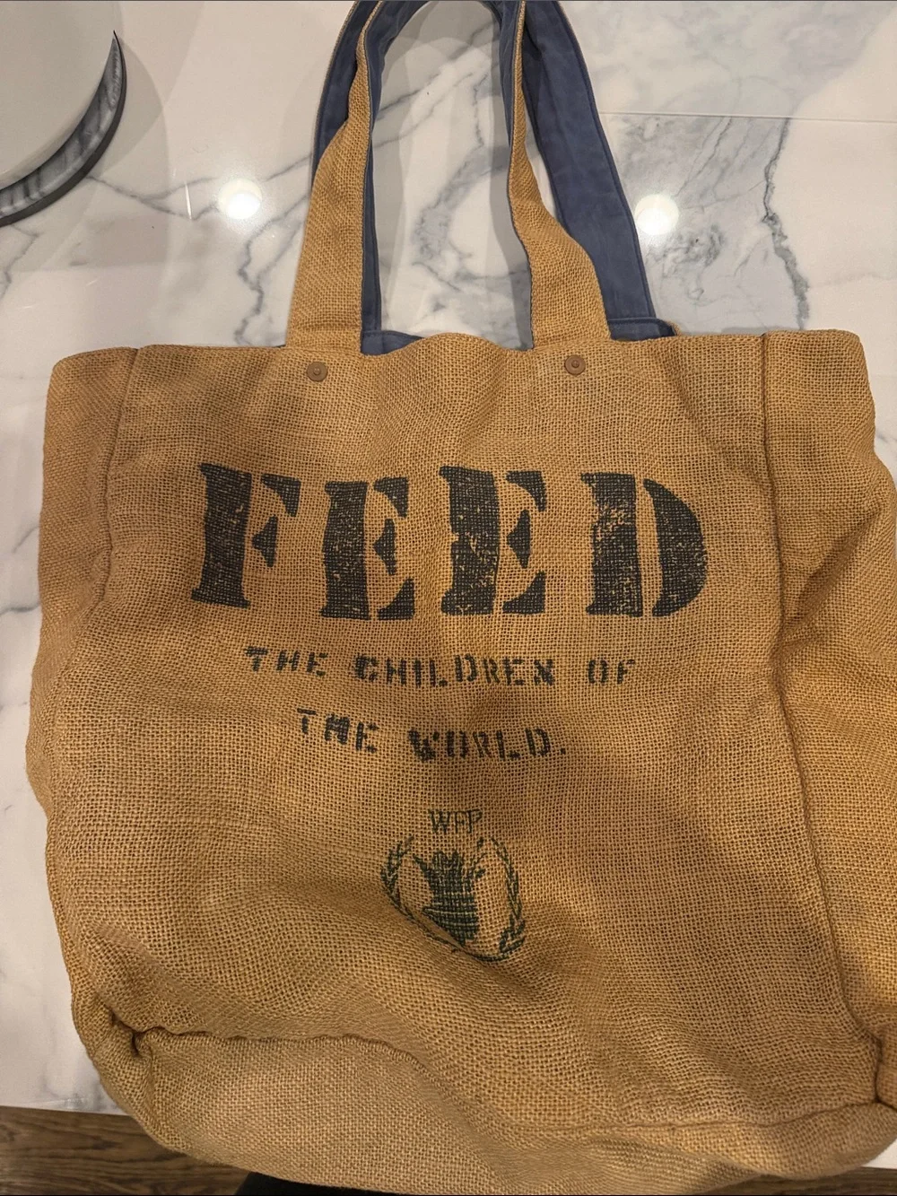 FEED Tan Canvas Messenger Tote with Navy Handles